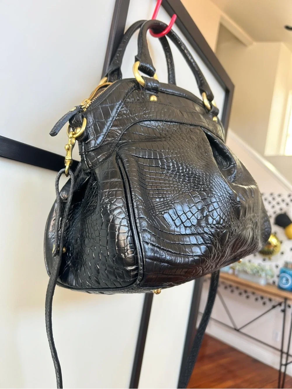 Brahmin Black Croc-Embossed Leather Satchel with Gold Hardware